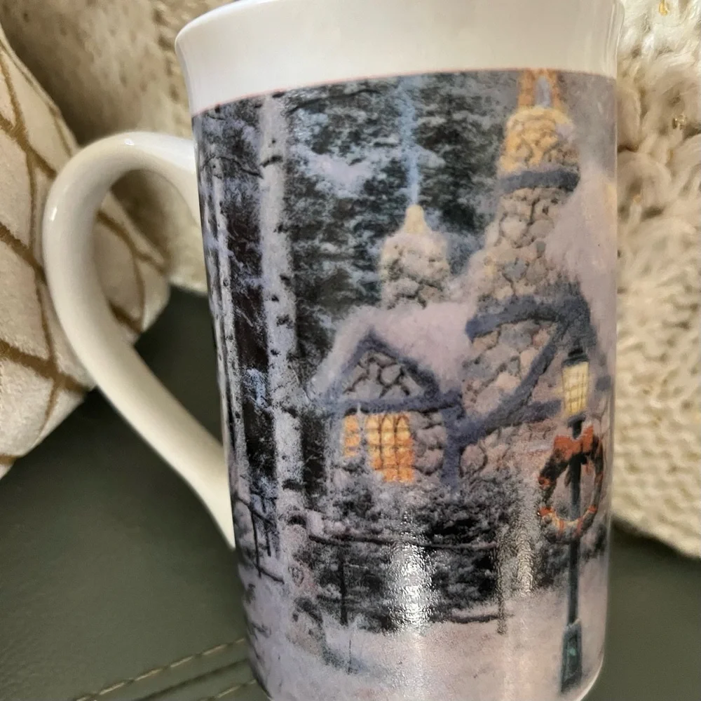 NWOT Vintage 1993 THOMAS KINKADE Snowy Cabin COFFEE Tea TALL MUG Cup 12-14 oz - Picture 3 of 17